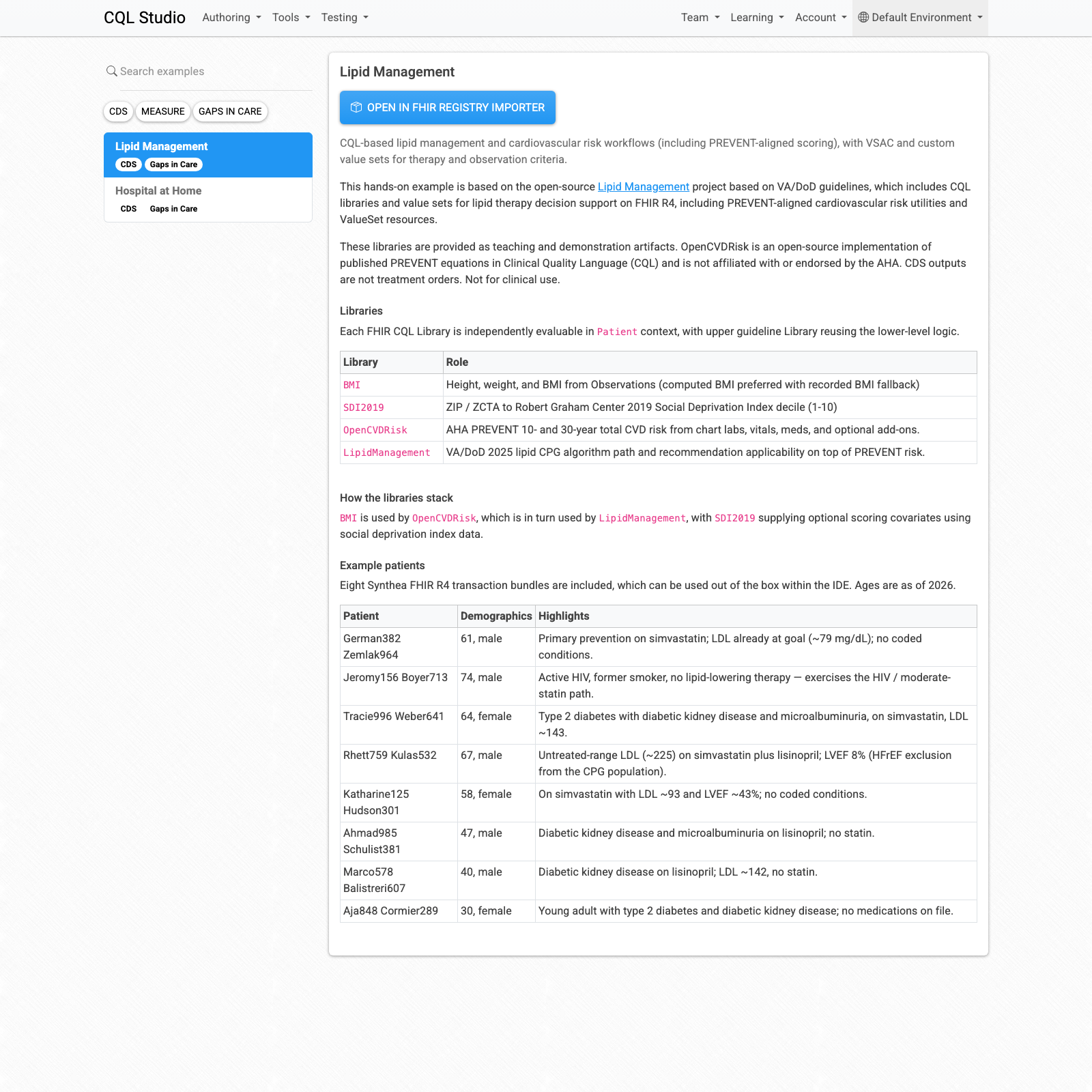 CQL Studio Lipid Management Example