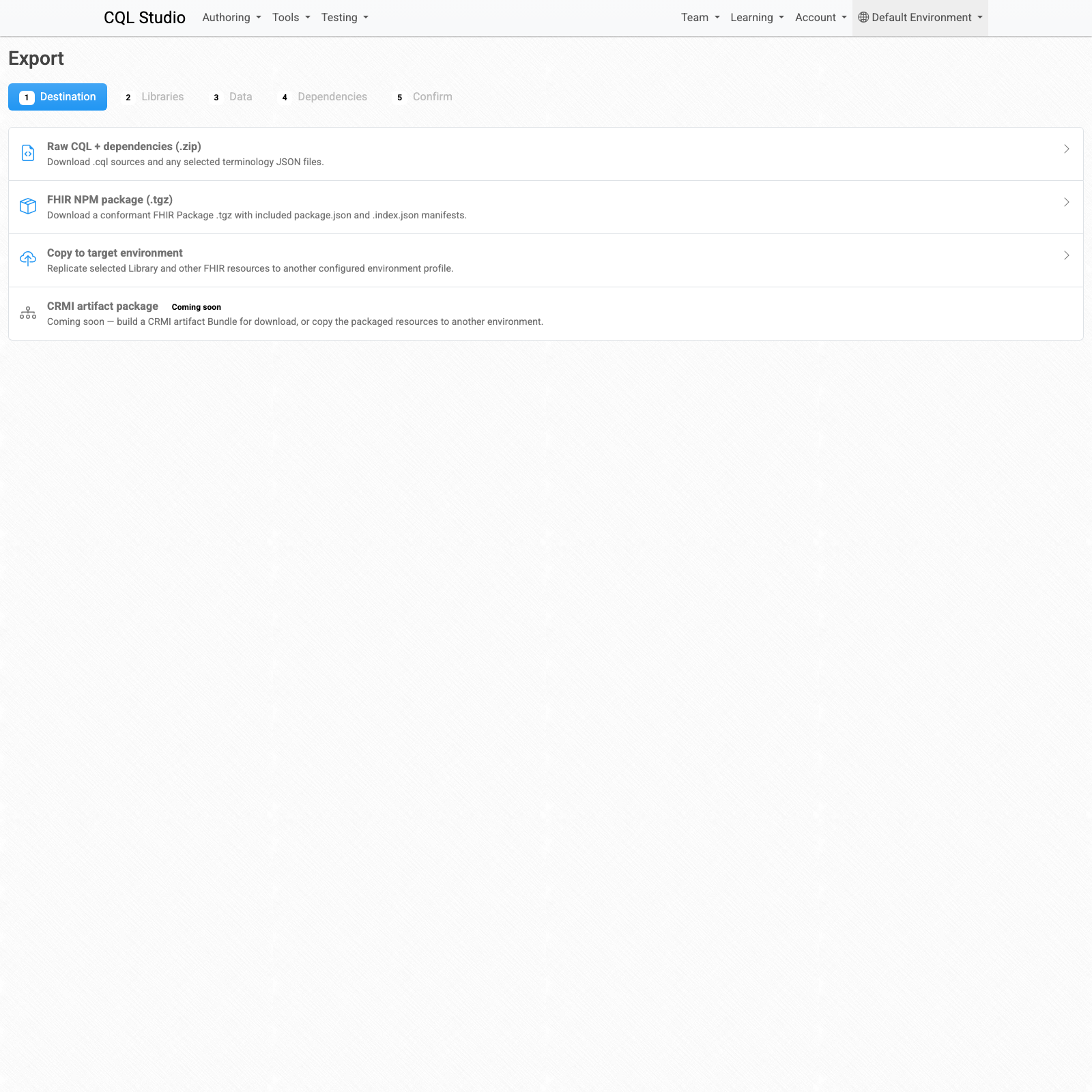 CQL Studio Export Wizard Start