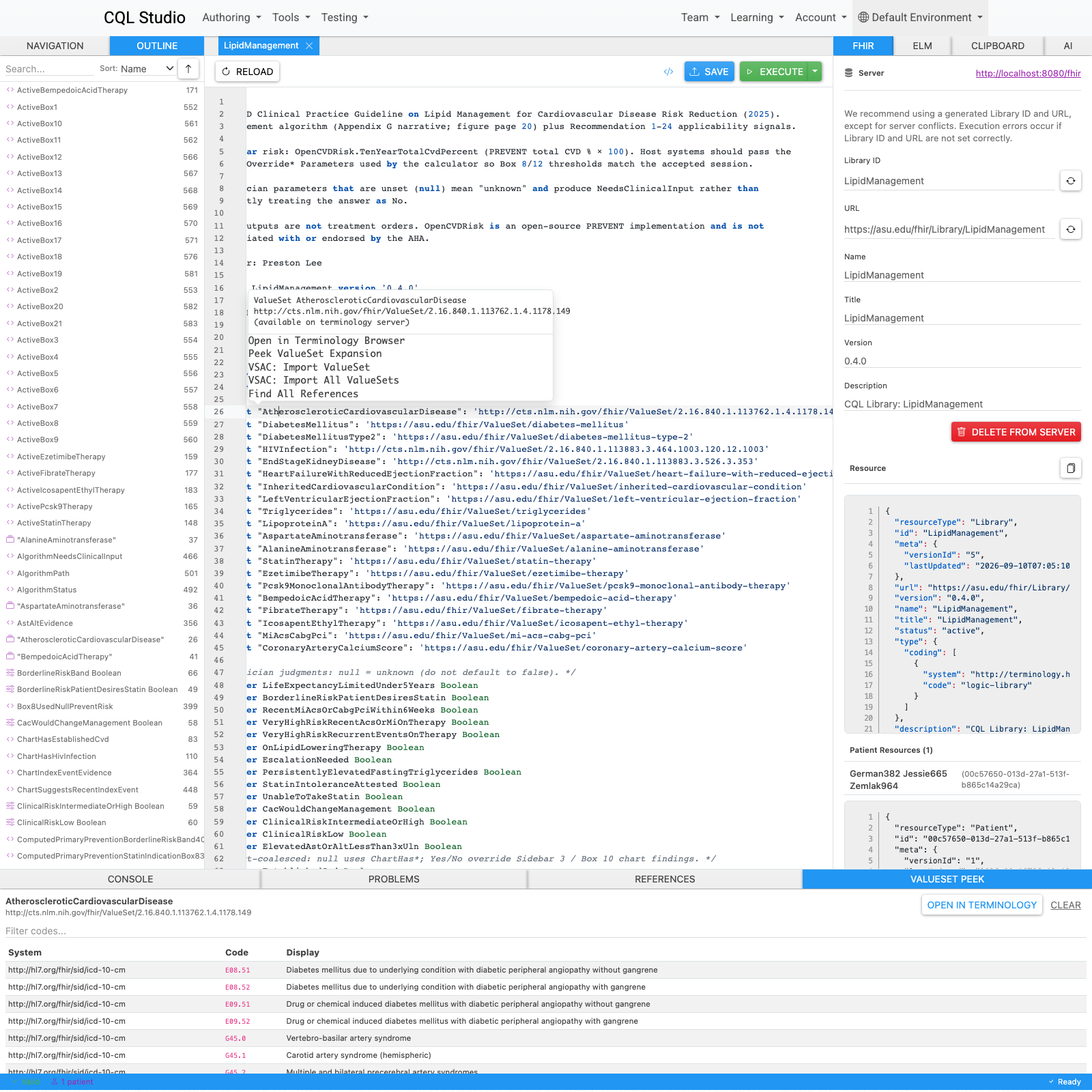 CQL Studio IDE ValueSet Peek