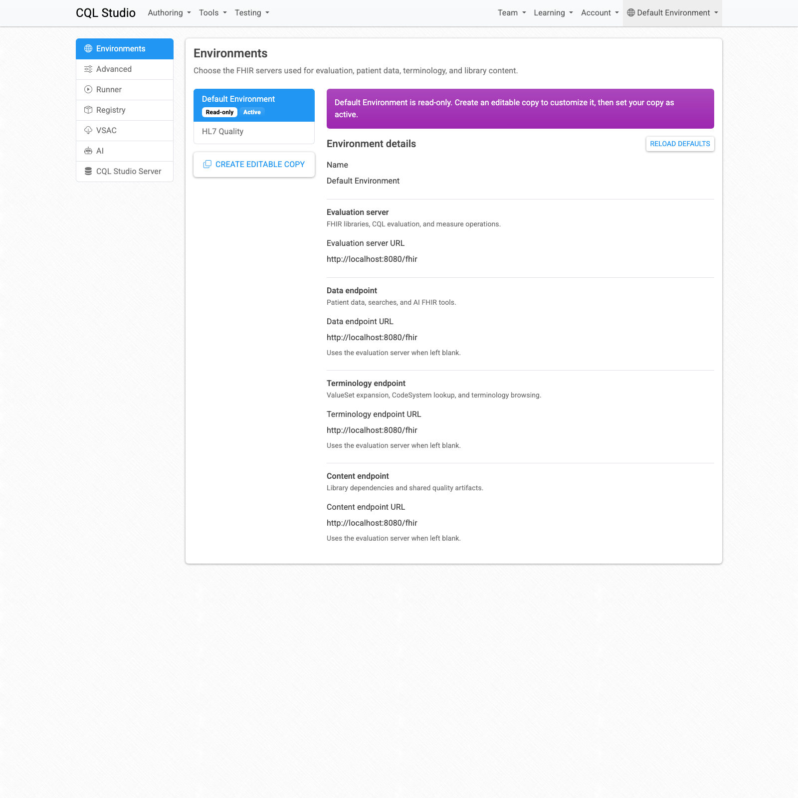CQL Studio Environment Settings